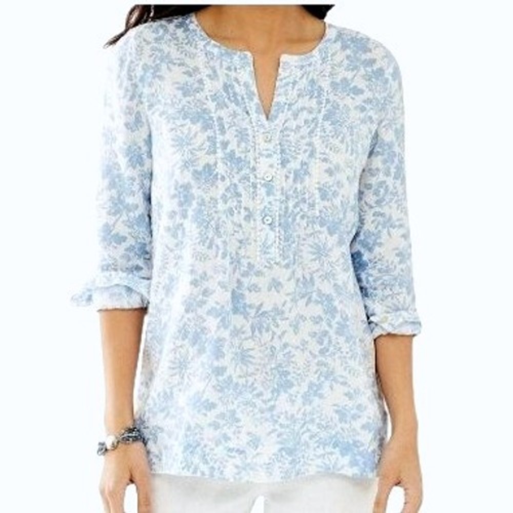 J.JILL Women's XS Blue White 100% Linen Floral Print‎ Tunic Top Blouse